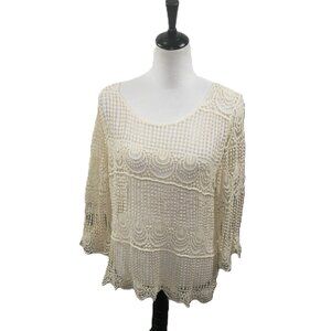 Forgotten Grace Cream Crochet 3/4 Sleeve Top Size Large